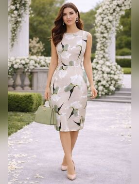 Calvin Klein Calla Lily Print Scuba Stretch Sheath Dress Size 4 Beige Green NWT